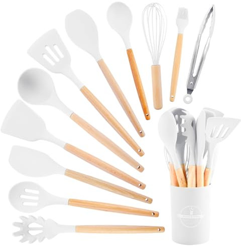 KAIYAYA Set di 12 Utensili da Cucina in Silicone, con Manico Legno Antiaderenti da Strumento di Cottura Termoresistenti, Lavabile Lavastoviglie Avabili in Adatti a Ogni Cucina