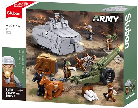 Sluban Historisches Militär-Bauset, Panzer 19,2 cm und Artilleriegeschütz 17,4 cm, mit Minifiguren und Zubehör, M38-B1295, Orange, Lila, Weiß, Gold