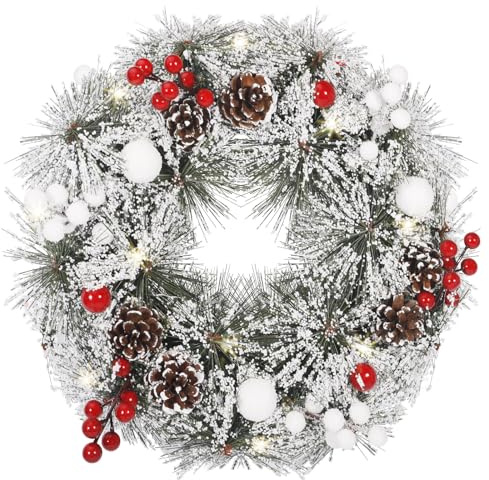 GLOSKIN Ghirlanda Natalizia, Ghirlanda Natalizia per Porta Bianca Come la Neve da 30CM, Dotata di Bacche e Pigne e 30 Corona Natalizia per Porta a LED Bianchi Caldi