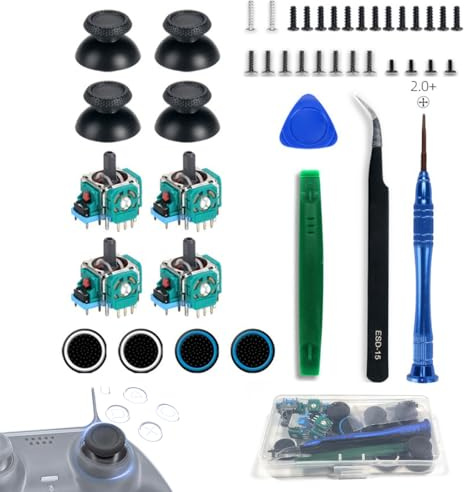 Uqingo 4 Stück Hall Effekt Sticks Kompatibel mit Play Station 5 PS5, Elektromagnetischer Joystick Ersatz mit 4 Stück Daumenkappe, Ersatz Trimmer Potentiometer Sensor Kit Ersatz