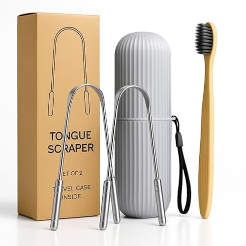 Tongue Scraper Set – Cleaner Kit with Bamboo Toothbrush with Charcoal Bristles & Travel Case – Daily Oral Hygiene Tool for Men & Women (Stainless Steel, 2 - Pack),Reduce Bad Breath, Tongue Scrubber
