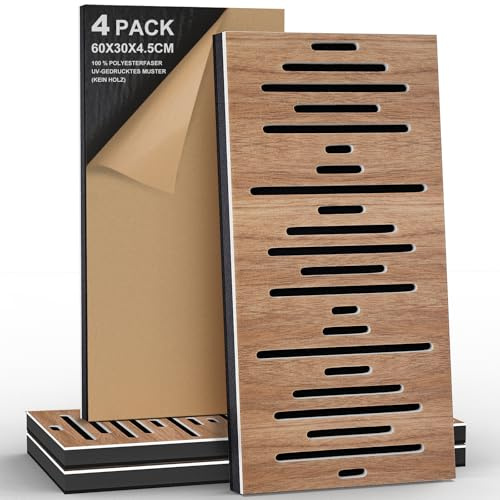 JBER 4 Stück Akustikschaumstoff Platten, Wand Schalldämmung Akustikpaneele Selbstklebend, Dreilagig Dekorative UV-Bedruckte Holzimitat-Faserplatte für Tonstudio, 60×30×4.5cm, Wellenform Linie