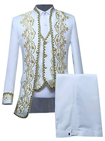 2025-3 Pezzi Abito Medievale Uomo Ricamo- Cappotto Rinascimento Manica Lunga Slim Vittoriano Retro Gilet Pantaloni Costume Tendenza Corte Gotico Uniforme per Halloween Carnevale Festa