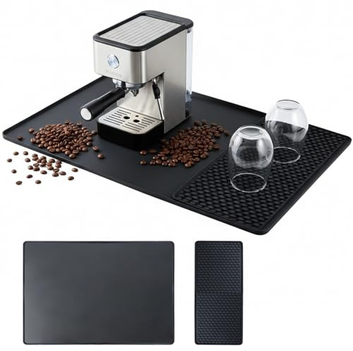 Ziyonix Large Silicone Coffee Machine Mat with 19x40cm Detachable Dish Drying Mat, 60x40cm Spill-Proof Coffee Bar Mat Heat Resistant Silicone Coffee mat for Kitchen Countertops