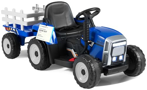 COSTWAY 12V 3-Gang Traktor mit abnehmbarem Anhänger und 2,4G Fernbedienung, Kinder Aufsitztraktor mit LED Lichtern, Musik, Hupe & USB Funktionen, geeignet für Kinder ab 3 Jahren (Blau)