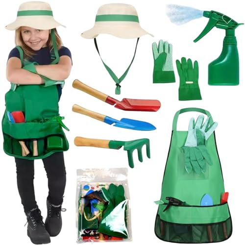 Kit de jardinería para niños, kit de jardinería para niños, juego de 7 piezas para pequeños con sombrero para el sol, delantal, rociador, guantes, rastrillo, paleta y palas, herramientas de jar