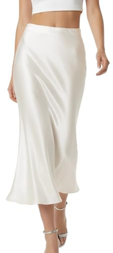 BEAUTYZIN Women's Elegant Satin Skirt Long Silk High Waist Flared Cocktail Party Wedding Office Fishtail Midi Skirts White Medium