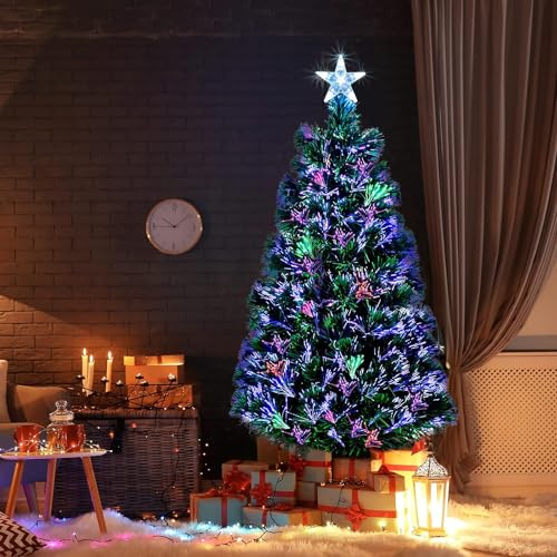 Green Christmas tree x-mas tree Fibre Optic Colour changing multi colour with stand free standing Artificial Xmas Tree with Star Topper Holiday Decoration for Home, Office & Parties (150 CM (5 FEET))