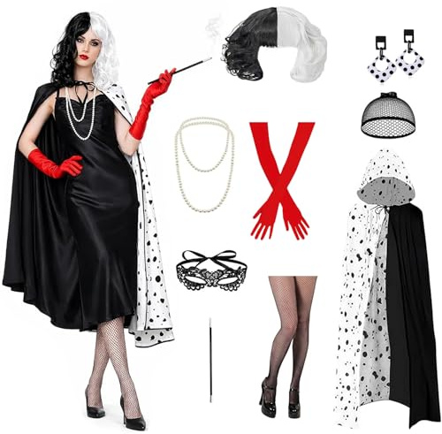WZBBJuser Cruella Costume pour femme Cruella Devil avec cape, perruque noire et blanche, gants, boucles d'oreilles et collier - Costume de carnaval pour femme, pour carnaval, fête à thème et cosplay
