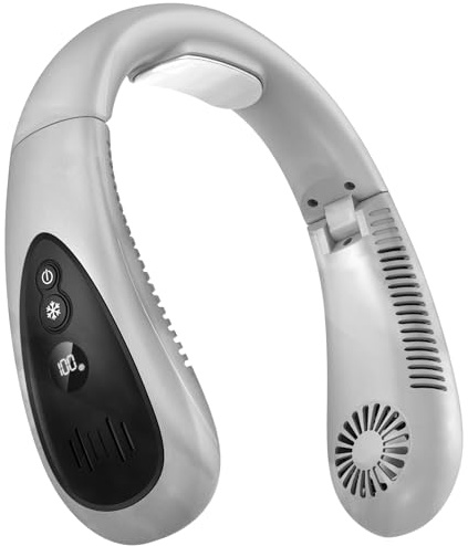 Aire acondicionado para el cuello, ventilador portátil para el cuello con placa de refrigeración, flujo de aire de refrigeración de 360°, ventilador USB recargable de 5000 mAh, manos libres, sin aspas