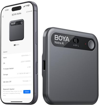 BOYA Notra Enregistreur Vocal IA Dictaphone Numérique avec Transcription et Résumé intelligents, Enregistrement Ambiant/Appels/Casque Bluetooth pour Réunions, Appels et Sessions en Ligne, Noir