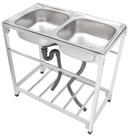 83x43,9x77 cm Évier Autoportant en Acier Inox 2 Bacs Plonge Inox pour Cuisine, Restaurant, Garage, Jardin,Charge maximale 75 kg,Évier de cuisine mobile Multifonction Évier commercial avec meuble bas