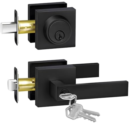 Camtek Matte Black Door Locks for Front Door, Door Handle with Single Cylinder Deadbolt Lock, Front Door Lock Set Heavy Duty Front Door Handle and Deadbolt Set, Commercial Locks for Doors, 1 Pack