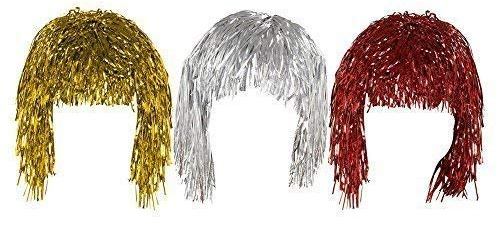 Set mit 3 Lametta-Perücken, Kostümzubehör, glänzend, Metallic-Folie, Gold, Silber und Rot