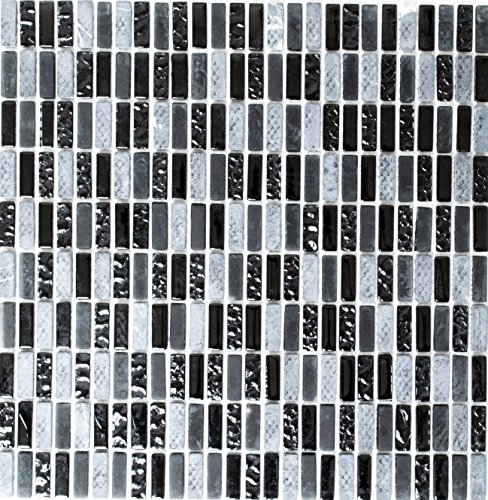 Mosaik Stäbchen Crystal/Stein mix grau matt/schwarz Glas Naturstein Fliesenspiegel, Mosaikstein Format: 10x30x8 mm, Mattengröße: 313x318 mm, 10 Mosaikmatten