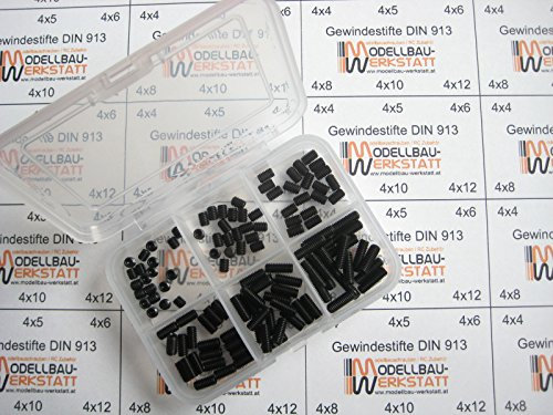 Modellbau-Werkstatt 120 Stück Gewindestifte Set M4 x 4 5 6 8 10 12 mm DIN 913 45H mit Kegelkuppe Wurmschrauben Madenschrauben Stiftschrauben Sortiment