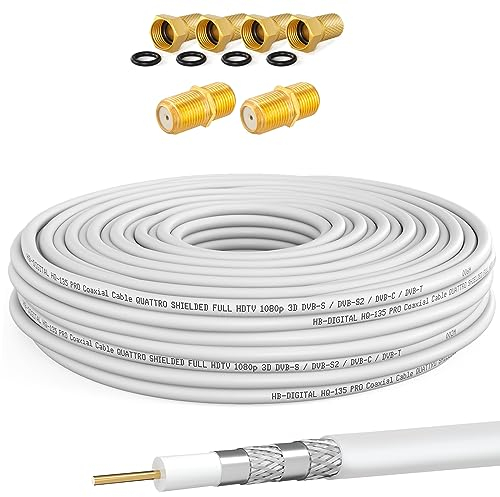 130dB 15m Koaxial SAT Kabel HQ-135 PRO 4-Fach geschirmt für DVB-S / S2 DVB-C und DVB-T BK Anlagen + 4X vergoldete F-Stecker UND 2X F-Verbinder Gratis dazu