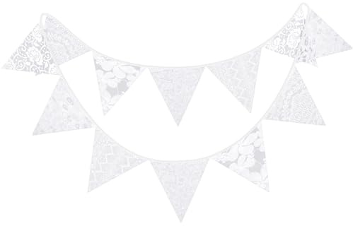 G2PLUS 3.3M Weiß Spitze Wimpelkette, Schöne Stoff Wimpelkette Hochzeit, 12 STK Draußen Garten Stoffgirlande, Vintage Stoff Wimpel Girlande für Hochzeiten oder Geburtstage