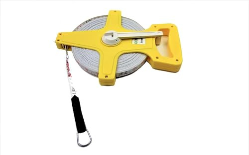 HKB ® 1 Stück Maßband, 50 Meter Bandmaß mit Fiberglasband, Kunststoff gelb mit ergonomischem Handgriff, ausklappbare Kurbel, 2 Skalen: Meter und Feet, Hersteller HKB, Artikel-Nr. 50773