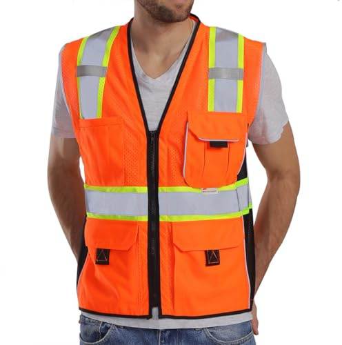 Dib Safety Reflective Vest Orange Mesh, High Visibility Vest with Pockets and Zipper, ANSI Class 2 Heavy Duty, Made with 3M Reflective Tape, L