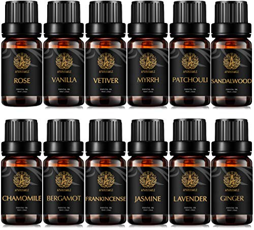 Aromatherapie Vanille ätherisches Öl Set für Diffusor- Rose,Jasmin, Sandelholz, Patchouli Öle..., 100% pure Vetiver ätherische Öle Set, 12x10ml Therapeutische Grade Myrrhe ätherisches Öl Kit für Hause