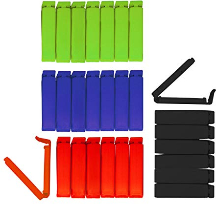 BUNEO Hawaii Tütenclips (28 Stück) | 28 Verschlussclips/Beutelklammern/Clips, jeweils 7 Stück in rot, grün, blau und schwarz sowie mit 6 cm Länge, Cliptastisch funktionale Qualität