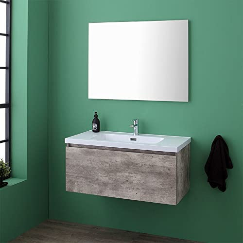 Kiamami Valentina - Mobile Bagno Sospeso 90 cm | Lavabo Integrato e Specchio Incluso | Stile Industriale con Struttura 1 Cassetto | Chiusura Soft Close, Colore Grigio Cemento, Linea Madrid