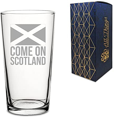 Engraved Football Perfect Pint Glass, Come On Scotland Flag Design with Gift Box, Euro Football Soccer Rugby Sport Championship