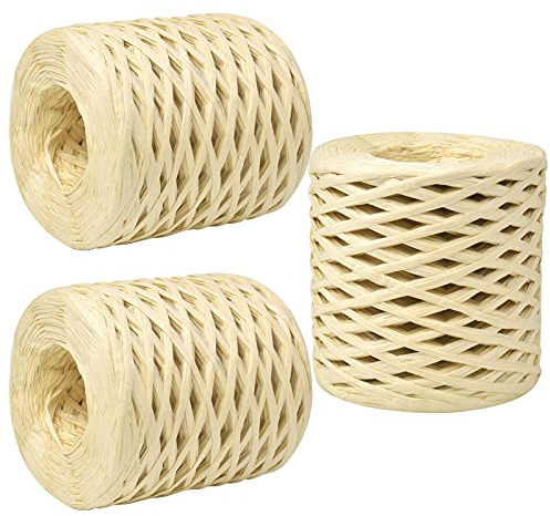 3 Rollen Bast Papier Bänd, 200M Raffia Papierband Naturbast, Raffia Paper Schnur, Geschenkband Verpackung Papier Bindfäden für Festival Geschenkverpackung, DIY Handwerk Weberei Dekoration (Natürlich)