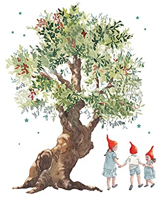 TinyFoxes Fensterbild-Wichtelkinder - tanzende Kinder unter Baum. Deko für den Frühling, selbsthaftende und wiederverwendbare, 49 x 39 cm, liebevoll handgezeichnet von Kristin Franke