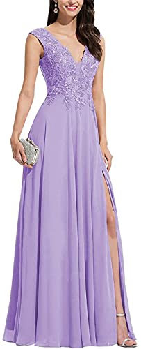 KURFACE Apliques de encaje vestidos de dama de honor con cuello en V de hendidura formal de boda fiesta vestidos de bola para mujeres, Lila, 24
