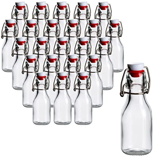 gouveo 24er Set Glasflaschen 100 ml rund mit Bügelverschluss - Kleine Bügelflasche zum Befüllen - Bügelverschlussflasche, Likörflasche, Schnapsflasche, Saftflasche