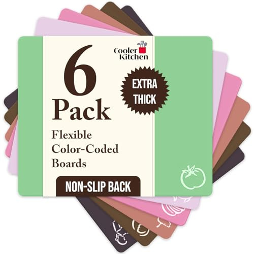 Cooler Kitchen Extra Thick Pastel Flexible Plastic Cutting Board Mats with Food Icons & EZ-Grip Waffle Back, (Set of 6) Dishwasher Safe. Cutting Boards for Kitchen, Cutting Mat, Plastic Cutting Boards