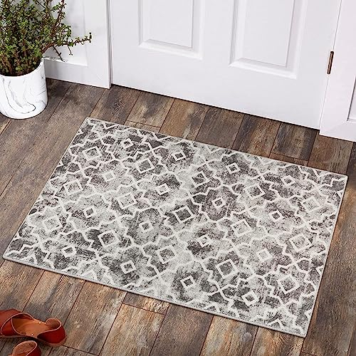 KIMODE Marokkanisch Grau Geometrisch Klein Fußmatte 60x90cm, Weich Eingangsbereich Innen Teppich rutschfest Waschbarer Modern Kurzflor Badematte,Für Badezimmer Küche Schlafzimmer Kaschmir-Teppich