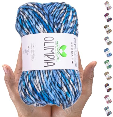 MeriWoolArt Merino Wolle zum Stricken – 100 m Mehrfarbige Dicke Weiche Merinowolle zum Stricken für Pullover Jacken – XXL Handstrickwolle – Voluminöse DIY Wolle für Schals Decken Tücher Geschenke