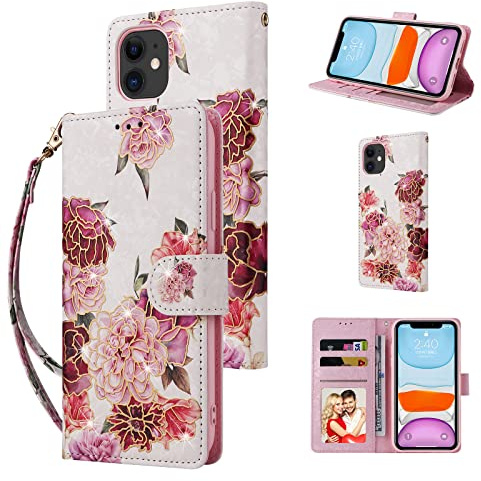 UEEBAI Wallet Case for iPhone 11, PU Leather Phone Case Kickstand RFID Blocking Flip Case with Card Slots Wrist Strap Relief Engraved Pattern Magnetic Closure Folio Case - White Flower