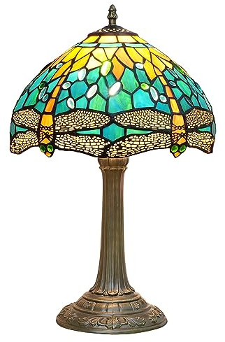 Blivuself Vintage Libelle Tiffany-Stil Buntglas Beistelltischlampe Schlafzimmer Nachttisch Kunst Handwerk Antik Dekor Grün Nachtlicht Ästhetischer Akzent Retro Metall Lesen