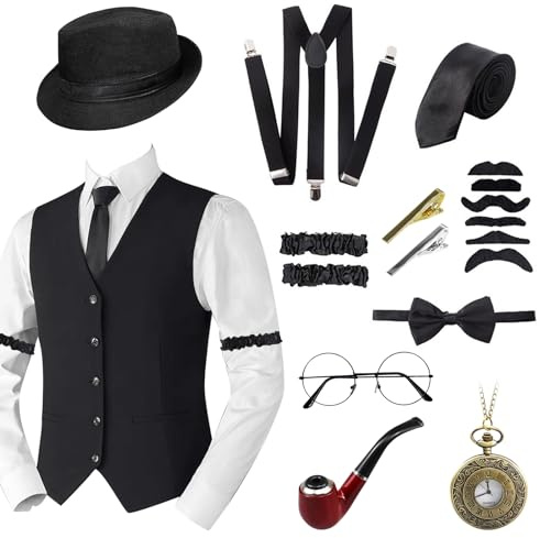 1920er Herren Zubehör Gatsby Gangster Kleidung Kostüm Cosplay Outfit,20er Kostüm Zubehör Set,Hut, Taschenuhr, Metallbrille, Hosenträger Kostüm Herre 20er für Mann Halloween Cosplay (Schwarz, L)