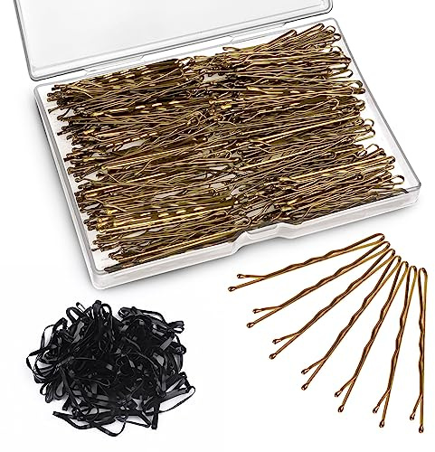 300 Stück Haarnadeln Set, Bobby Pins mit Haargummis, Sehr Stabil Hochsteckfrisuren Zubehör, Metall Frisuren Zubehör, Haarnadeln Hochzei Haarklemmen für Damen Mädchen Kinder Friseursalon -Gold
