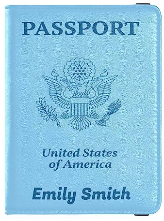 Personalisierte Reisepasshülle, Brieftasche, Kombi, individueller Name, PU-Leder, Reisepass, Impfkarten-Schutz für Damen und Herren, Reisegeschenk, Hell, blau, Einheitsgröße