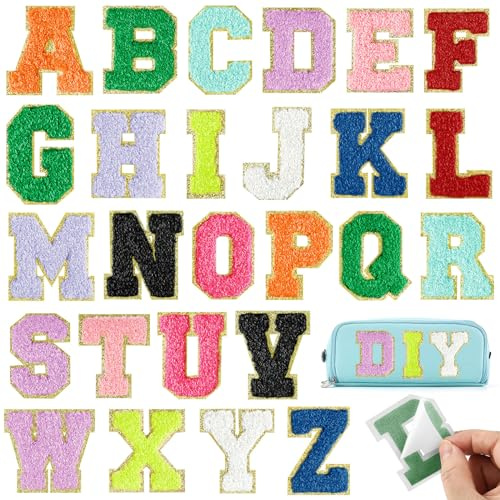 BOUBONI 26 Stück mehrfarbige Buchstaben zum Aufbügeln von A bis Z, selbstklebende Chenille-Buchstaben-Aufnäher für Stoffkleidung