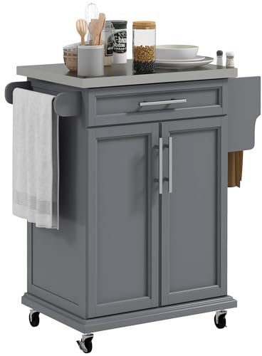 HOMCOM Kitchen Island on Wheels, Rolling Kitchen Cart with Stainless Steel Countertop, Drawer, Towel Rack and Spice Rack, Utility Storage Trolley, Gray