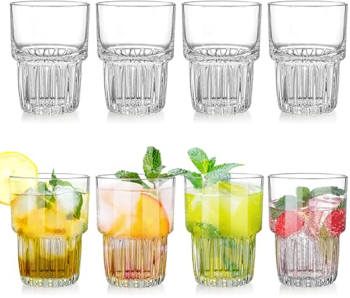 LYCN Lot de 8 verres à eau empilables, 330 ml, transparents avec base lourde, gobelets vintage réutilisables pour thé glacé, cocktail, whisky, jus, smoothie