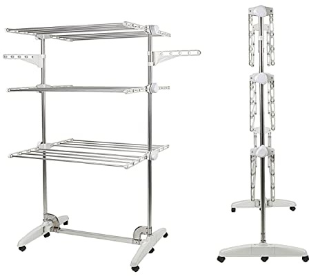 XUANYU Etendoir a Linge sur Pied 3 Niveaux, avec Ailes et Pieds Pliable, Sechoir à Linge Acier Inoxydable et Plastique, Sechoir a Vêtements pour Intérieur et Extérieur (Blanc-Argent B, 82×50×142 cm)