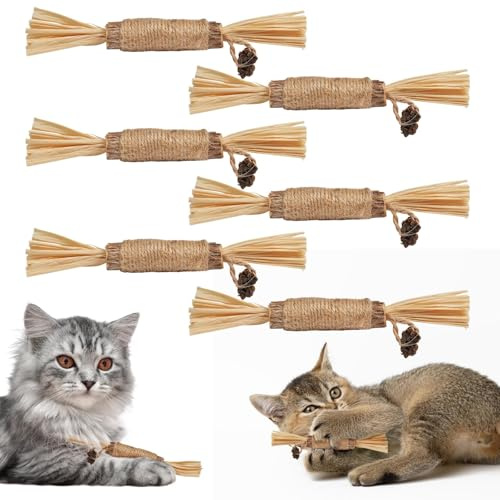 Adiwo Palitos de Hierba Gatera, 6pcs Juguetes Masticables de Rafia para Gatos 15 cm Palitos de Matatabi de Madera, Palitos Hierba Gatera Naturales para la Limpieza y el Cuidado de los Dientes de Gato