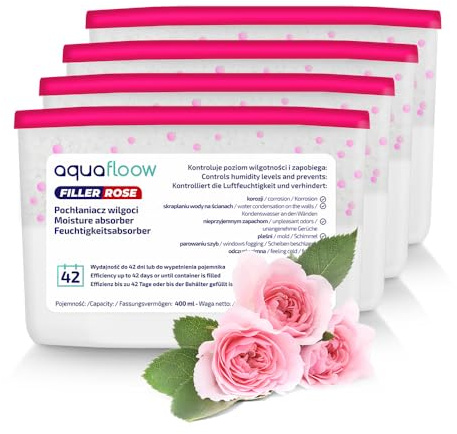 Aquafloow Assorbitore di Umidità per Ambienti 400 ml, Riduce l'umidità, 4 Pezzi ROSE | Neutralizzatore di Odori, Deumidificatore per Cucina, Armadio, Bagno e Studio