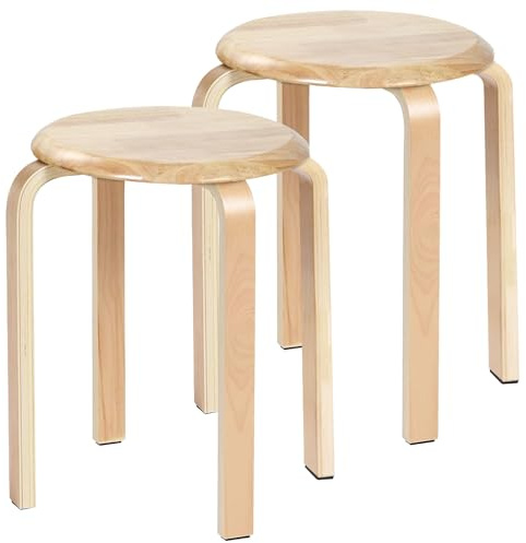 Yawinhe Wooden Stackable Stool, Portable Barstools with Round Top, Anti Slip Felt Pad, for Dinning, Living Room, Class Room, 11.8''Lx11.8''Wx16.5''H, Natural, 2-Pack