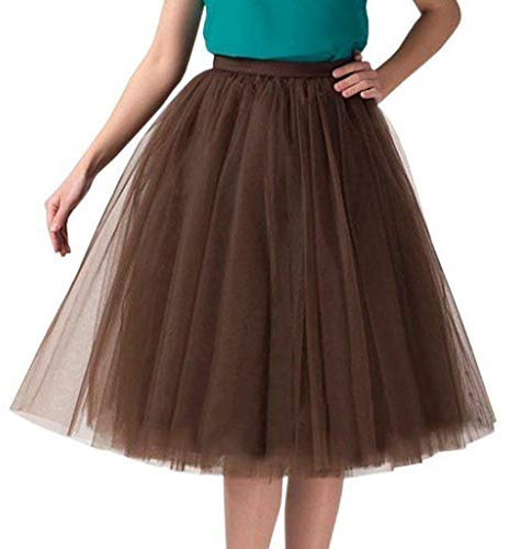 Tüllrock Damen Tütü Rock Midi Knielang Lang Retro 50er Ballett Tüll Rock Rockabilly Petticoat Unterrock Ballettrock Tanzkleid Party Minirock Festlich Fasching Karneval Kostüm A2- Coffee One Size