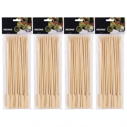 MIJOMA Bambuspett för fingermat, cocktail och grill – robust träspett med platt handtag för buffé, BBQ, antipasti och desserter, 20 cm, 4 x 50 stycken