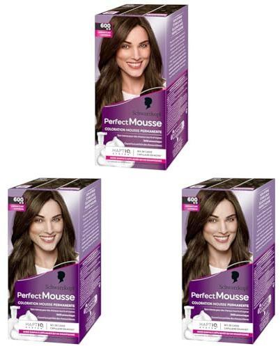 Schwarzkopf - Perfect Mousse - Coloration Cheveux - Mousse Permanente sans Ammoniaque - Masque Soin 96% d'ingrédients d'origine naturelle - Châtain Clair 600, 1 Unité (Lot de 3)